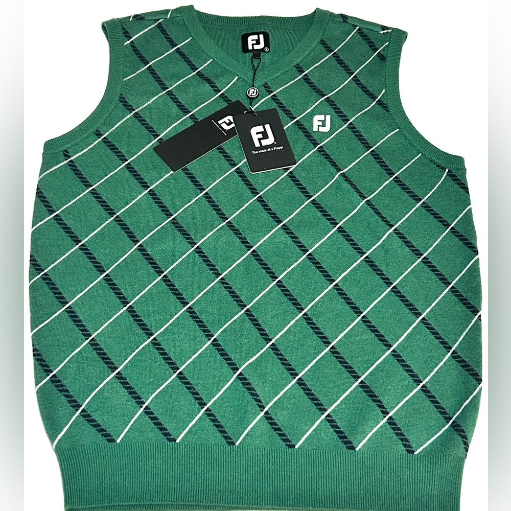 FootJoy Wool Sweater Vest Men’s Large Green V-Neck Knit Golf Pullover Japan